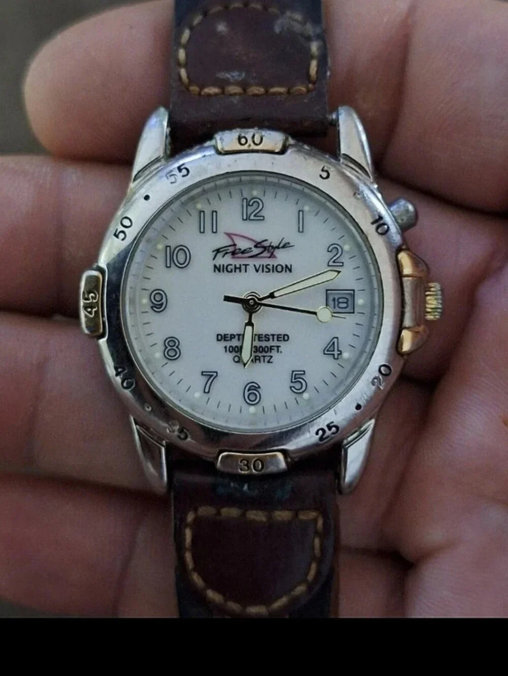 1980s Men's FreeStyle Night Vision Watch With Brown Genuine Leather Band